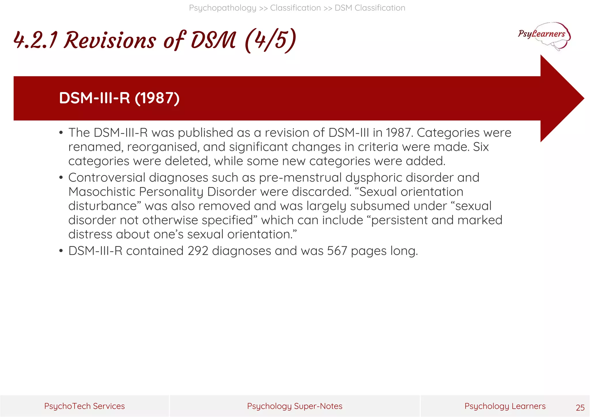 Psychology Super-Notes
PsychoTech Services Psychology Learners
Psychopathology >> Classification >> DSM Classification
4.2.1 Revisions of DSM (4/5)
25
• The DSM-III-R was published as a revision of DSM-III in 1987. Categories were
renamed, reorganised, and significant changes in criteria were made. Six
categories were deleted, while some new categories were added.
• Controversial diagnoses such as pre-menstrual dysphoric disorder and
Masochistic Personality Disorder were discarded. “Sexual orientation
disturbance” was also removed and was largely subsumed under “sexual
disorder not otherwise specified” which can include “persistent and marked
distress about one’s sexual orientation.”
• DSM-III-R contained 292 diagnoses and was 567 pages long.
DSM-III-R (1987)
 