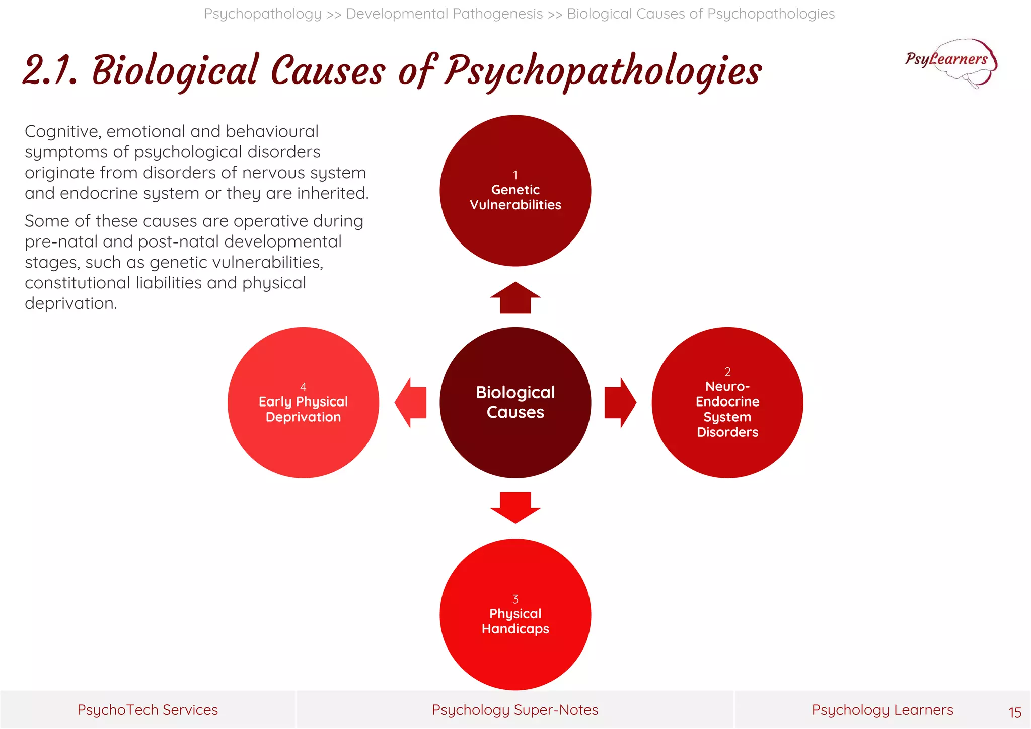 Psychology Super-Notes
PsychoTech Services Psychology Learners
Psychopathology >> Developmental Pathogenesis >> Biological Causes of Psychopathologies
2.1. Biological Causes of Psychopathologies
15
Biological
Causes
1
Genetic
Vulnerabilities
2
Neuro-
Endocrine
System
Disorders
3
Physical
Handicaps
4
Early Physical
Deprivation
Cognitive, emotional and behavioural
symptoms of psychological disorders
originate from disorders of nervous system
and endocrine system or they are inherited.
Some of these causes are operative during
pre-natal and post-natal developmental
stages, such as genetic vulnerabilities,
constitutional liabilities and physical
deprivation.
 