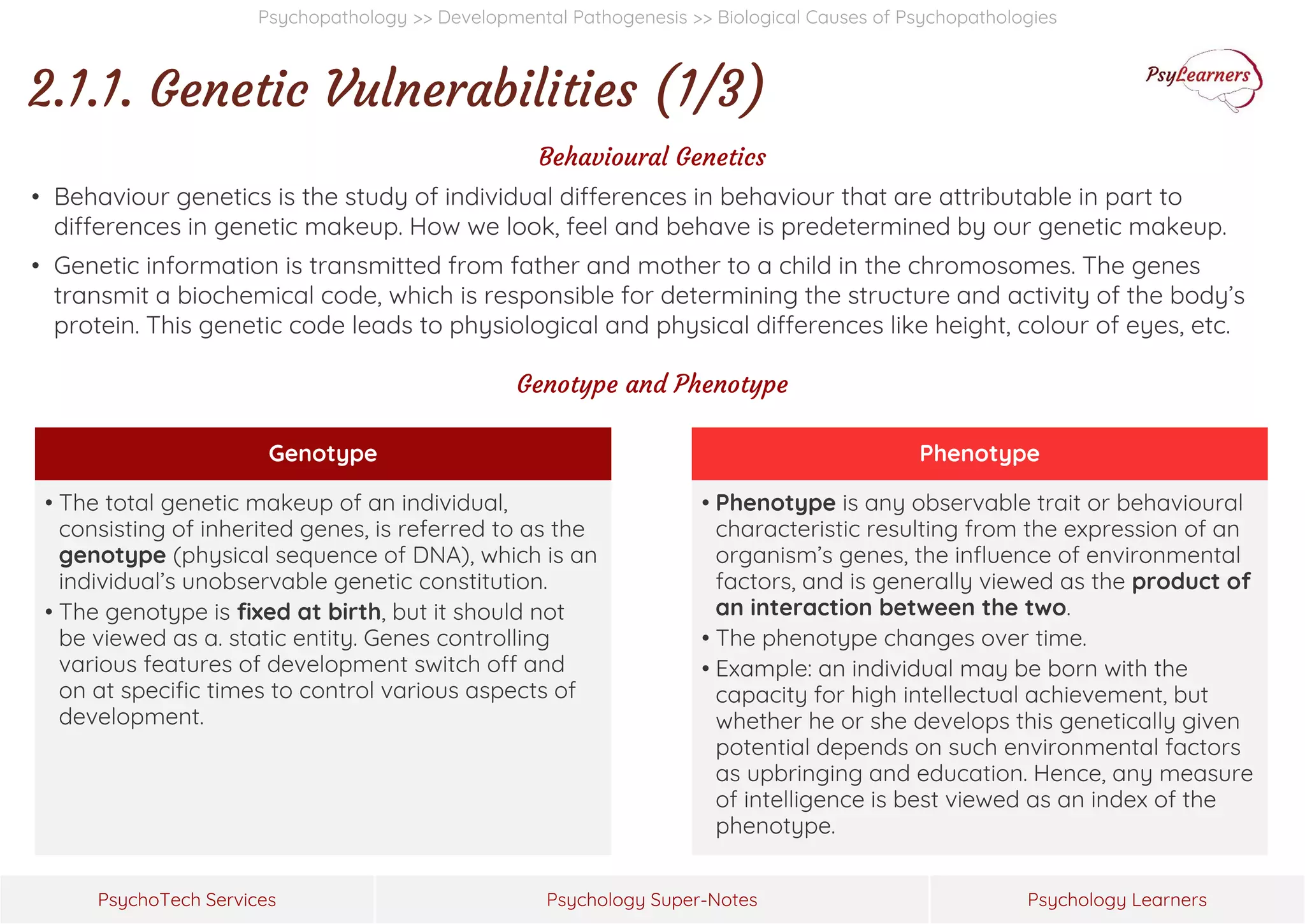 Psychology Super-Notes
PsychoTech Services Psychology Learners
Psychopathology >> Developmental Pathogenesis >> Biological Causes of Psychopathologies
2.1.1. Genetic Vulnerabilities (1/3)
Behavioural Genetics
• Behaviour genetics is the study of individual differences in behaviour that are attributable in part to
differences in genetic makeup. How we look, feel and behave is predetermined by our genetic makeup.
• Genetic information is transmitted from father and mother to a child in the chromosomes. The genes
transmit a biochemical code, which is responsible for determining the structure and activity of the body’s
protein. This genetic code leads to physiological and physical differences like height, colour of eyes, etc.
Genotype and Phenotype
Genotype
• The total genetic makeup of an individual,
consisting of inherited genes, is referred to as the
genotype (physical sequence of DNA), which is an
individual’s unobservable genetic constitution.
• The genotype is fixed at birth, but it should not
be viewed as a. static entity. Genes controlling
various features of development switch off and
on at specific times to control various aspects of
development.
Phenotype
• Phenotype is any observable trait or behavioural
characteristic resulting from the expression of an
organism’s genes, the influence of environmental
factors, and is generally viewed as the product of
an interaction between the two.
• The phenotype changes over time.
• Example: an individual may be born with the
capacity for high intellectual achievement, but
whether he or she develops this genetically given
potential depends on such environmental factors
as upbringing and education. Hence, any measure
of intelligence is best viewed as an index of the
phenotype.
 