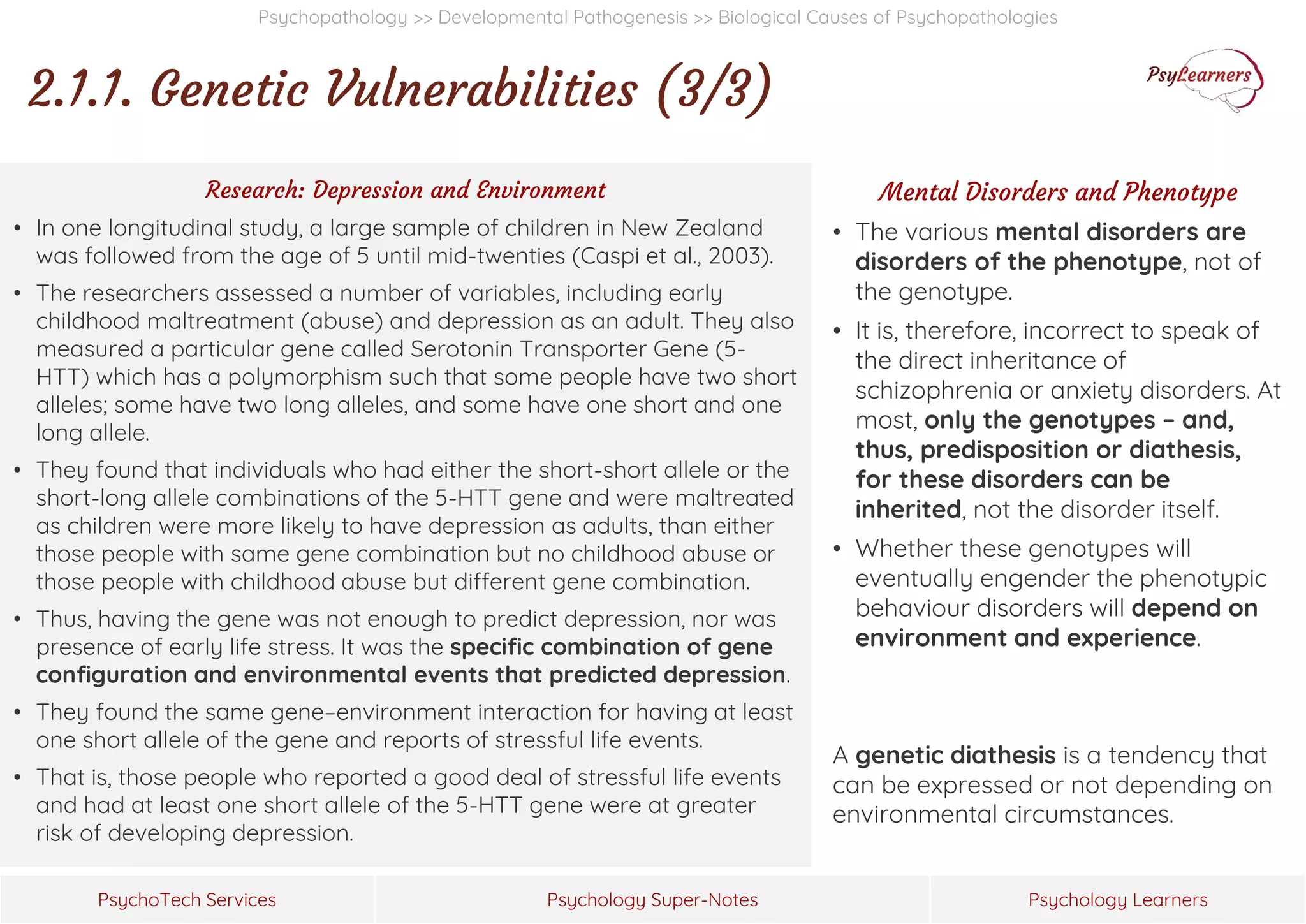 Psychology Super-Notes
PsychoTech Services Psychology Learners
Psychopathology >> Developmental Pathogenesis >> Biological Causes of Psychopathologies
2.1.1. Genetic Vulnerabilities (3/3)
Mental Disorders and Phenotype
• The various mental disorders are
disorders of the phenotype, not of
the genotype.
• It is, therefore, incorrect to speak of
the direct inheritance of
schizophrenia or anxiety disorders. At
most, only the genotypes – and,
thus, predisposition or diathesis,
for these disorders can be
inherited, not the disorder itself.
• Whether these genotypes will
eventually engender the phenotypic
behaviour disorders will depend on
environment and experience.
A genetic diathesis is a tendency that
can be expressed or not depending on
environmental circumstances.
Research: Depression and Environment
• In one longitudinal study, a large sample of children in New Zealand
was followed from the age of 5 until mid-twenties (Caspi et al., 2003).
• The researchers assessed a number of variables, including early
childhood maltreatment (abuse) and depression as an adult. They also
measured a particular gene called Serotonin Transporter Gene (5-
HTT) which has a polymorphism such that some people have two short
alleles; some have two long alleles, and some have one short and one
long allele.
• They found that individuals who had either the short-short allele or the
short-long allele combinations of the 5-HTT gene and were maltreated
as children were more likely to have depression as adults, than either
those people with same gene combination but no childhood abuse or
those people with childhood abuse but different gene combination.
• Thus, having the gene was not enough to predict depression, nor was
presence of early life stress. It was the specific combination of gene
configuration and environmental events that predicted depression.
• They found the same gene–environment interaction for having at least
one short allele of the gene and reports of stressful life events.
• That is, those people who reported a good deal of stressful life events
and had at least one short allele of the 5-HTT gene were at greater
risk of developing depression.
 