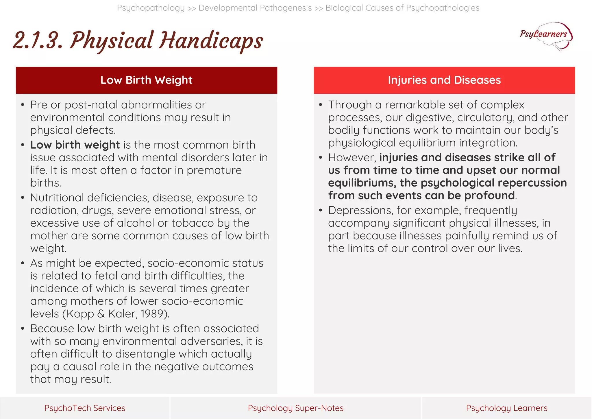 Psychology Super-Notes
PsychoTech Services Psychology Learners
Psychopathology >> Developmental Pathogenesis >> Biological Causes of Psychopathologies
2.1.3. Physical Handicaps
Low Birth Weight
• Pre or post-natal abnormalities or
environmental conditions may result in
physical defects.
• Low birth weight is the most common birth
issue associated with mental disorders later in
life. It is most often a factor in premature
births.
• Nutritional deficiencies, disease, exposure to
radiation, drugs, severe emotional stress, or
excessive use of alcohol or tobacco by the
mother are some common causes of low birth
weight.
• As might be expected, socio-economic status
is related to fetal and birth difficulties, the
incidence of which is several times greater
among mothers of lower socio-economic
levels (Kopp & Kaler, 1989).
• Because low birth weight is often associated
with so many environmental adversaries, it is
often difficult to disentangle which actually
pay a causal role in the negative outcomes
that may result.
Injuries and Diseases
• Through a remarkable set of complex
processes, our digestive, circulatory, and other
bodily functions work to maintain our body’s
physiological equilibrium integration.
• However, injuries and diseases strike all of
us from time to time and upset our normal
equilibriums, the psychological repercussion
from such events can be profound.
• Depressions, for example, frequently
accompany significant physical illnesses, in
part because illnesses painfully remind us of
the limits of our control over our lives.
 