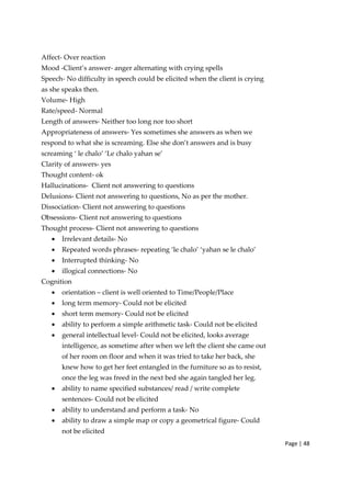 Page | 48
Affect‐ Over reaction
Mood ‐Client’s answer‐ anger alternating with crying spells
Speech‐ No difficulty in speech could be elicited when the client is crying
as she speaks then.
Volume‐ High
Rate/speed‐ Normal
Length of answers‐ Neither too long nor too short
Appropriateness of answers‐ Yes sometimes she answers as when we
respond to what she is screaming. Else she don’t answers and is busy
screaming ‘ le chalo’ ‘Le chalo yahan se’
Clarity of answers‐ yes
Thought content‐ ok
Hallucinations‐ Client not answering to questions
Delusions‐ Client not answering to questions, No as per the mother.
Dissociation‐ Client not answering to questions
Obsessions‐ Client not answering to questions
Thought process‐ Client not answering to questions
• Irrelevant details‐ No
• Repeated words phrases‐ repeating ‘le chalo’ ‘yahan se le chalo’
• Interrupted thinking‐ No
• illogical connections‐ No
Cognition
• orientation – client is well oriented to Time/People/Place
• long term memory‐ Could not be elicited
• short term memory‐ Could not be elicited
• ability to perform a simple arithmetic task‐ Could not be elicited
• general intellectual level‐ Could not be elicited, looks average
intelligence, as sometime after when we left the client she came out
of her room on floor and when it was tried to take her back, she
knew how to get her feet entangled in the furniture so as to resist,
once the leg was freed in the next bed she again tangled her leg.
• ability to name specified substances/ read / write complete
sentences‐ Could not be elicited
• ability to understand and perform a task‐ No
• ability to draw a simple map or copy a geometrical figure‐ Could
not be elicited
 