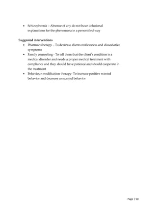 Page | 50
• Schizophrenia – Absence of any do not have delusional
explanations for the phenomena in a personified way
Suggested interventions
• Pharmacotherapy – To decrease clients restlessness and dissociative
symptoms
• Family counseling ‐ To tell them that the client’s condition is a
medical disorder and needs a proper medical treatment with
compliance and they should have patience and should cooperate in
the treatment
• Behaviour modification therapy‐ To increase positive wanted
behavior and decrease unwanted behavior
 
