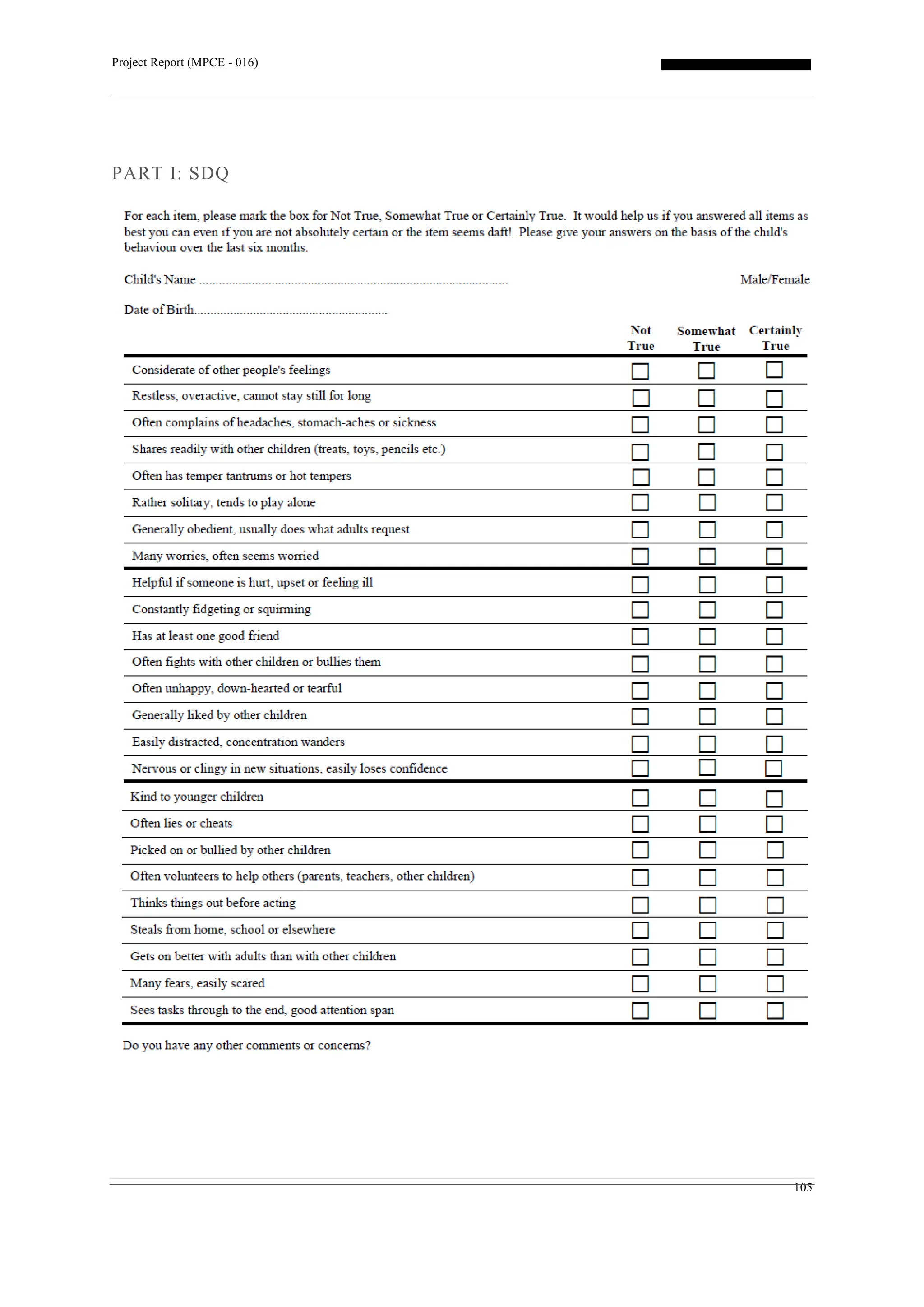 Project Report (MPCE - 016)
105
PART I: SDQ
 