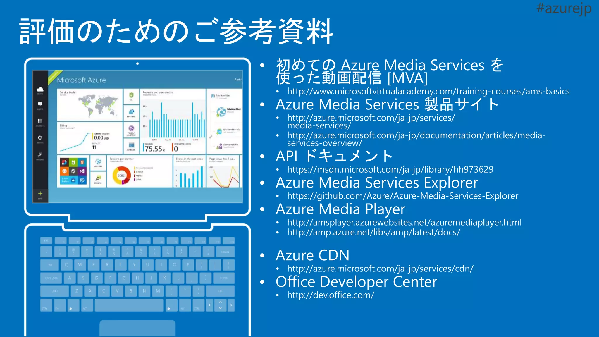  初めての Azure Media Services を
使った動画配信 [MVA]
 http://www.microsoftvirtualacademy.com/training-courses/ams-basics
 Azure Media Services 製品サイト
 http://azure.microsoft.com/ja-jp/services/
media-services/
 http://azure.microsoft.com/ja-jp/documentation/articles/media-
services-overview/
 API ドキュメント
 https://msdn.microsoft.com/ja-jp/library/hh973629
 Azure Media Services Explorer
 https://github.com/Azure/Azure-Media-Services-Explorer
 Azure Media Player
 http://amsplayer.azurewebsites.net/azuremediaplayer.html
 http://amp.azure.net/libs/amp/latest/docs/
 Azure CDN
 http://azure.microsoft.com/ja-jp/services/cdn/
 Office Developer Center
 http://dev.office.com/
評価のためのご参考資料
 