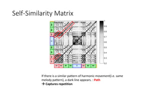 Self-Similarity Matrix
If there is a similar pattern of harmonic movement(i.e. same
melody pattern), a dark line appears. : Path
 Captures repetition
 