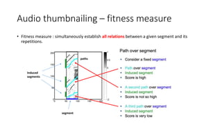 Audio thumbnailing – fitness measure
• Fitness measure : simultaneously establish all relations between a given segment and its
repetitions.
segment
Induced
segments
paths
 