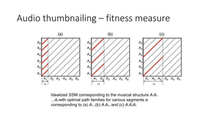 Audio thumbnailing – fitness measure
Idealized SSM corresponding to the musical structure A1A2
...A6 with optimal path families for various segments α
corresponding to (a) A1, (b) A1A2, and (c) A1A2A3
 