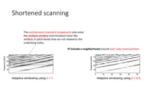 Shortened scanning
The nonharmonic transient components also enter
the analysis window and introduce noise-like
artifacts in pitch bands that are not related to the
underlying notes.
Adaptive windowing using λ = 0.5.Adaptive windowing using λ = 1.
 Exclude a neighborhood around each note onset position.
 