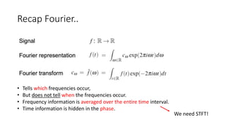 Recap Fourier..
• Tells which frequencies occur,
• But does not tell when the frequencies occur.
• Frequency information is averaged over the entire time interval.
• Time information is hidden in the phase.
We need STFT!
 