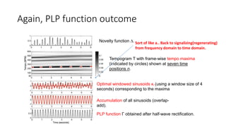 Again, PLP function outcome
Novelty function ∆.
Tempogram T with frame-wise tempo maxima
(indicated by circles) shown at seven time
positions n.
Optimal windowed sinusoids κn (using a window size of 4
seconds) corresponding to the maxima
Accumulation of all sinusoids (overlap-
add).
PLP function Γ obtained after half-wave rectification.
Sort of like a.. Back to signalizing(regenerating)
from frequency domain to time domain.
 
