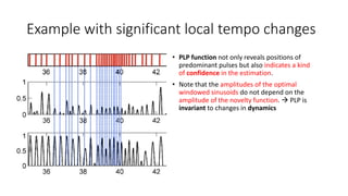 Example with significant local tempo changes
• PLP function not only reveals positions of
predominant pulses but also indicates a kind
of confidence in the estimation.
• Note that the amplitudes of the optimal
windowed sinusoids do not depend on the
amplitude of the novelty function.  PLP is
invariant to changes in dynamics
 