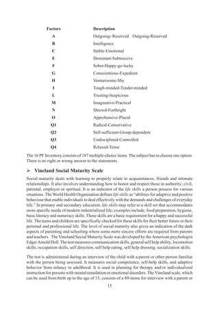 15
Factors Description
A Outgoing- Reserved Outgoing-Reserved
B Intelligence
C Stable-Emotional
E Dominant-Submissive
F Sober-Happy-go-lucky
G Conscientious-Expedient
H Venturesome-Shy
I Tough-minded-Tender-minded
L Trusting-Suspicious
M Imaginative-Practical
N Shrewd-Forthright
O Apprehensive-Placid
Q1 Radical-Conservative
Q2 Self-sufficient-Group-dependent
Q3 Undisciplined-Controlled
Q4 Relaxed-Tense
The 16 PF Inventory consists of 187 multiple-choice items. The subject has to choose one option.
There is no right or wrong answer to the statements.
¾ Vineland Social Maturity Scale
Social maturity deals with learning to properly relate to acquaintances, friends and intimate
relationships. It also involves understanding how to honor and respect those in authority; civil,
parental, employer or spiritual. It is an indicator of the life skills a person possess for various
situations. The World Health Organisation defines life skills as “abilities for adaptive and positive
behaviour that enable individuals to deal effectively with the demands and challenges of everyday
life.” In primary and secondary education, life skills may refer to a skill set that accommodates
more specific needs of modern industrialized life; examples include, food preparation, hygiene,
basic literacy and numeracy skills. These skills are a basic requirement for a happy and successful
life. The teens and children are specifically checked for these skills for their better future in their
personal and professional life. The level of social maturity also gives an indication of the dark
aspects of parenting and schooling where some more sincere efforts are required from parents
and teachers. The Vineland Social Maturity Scale was developed by the American psychologist
EdgerArnold Doll.The test measures communication skills, general self help ability, locomotion
skills, occupation skills, self direction, self help eating, self help dressing, socialization skills.
The test is administered during an interview of the child with a parent or other person familiar
with the person being assessed. It measures social competence, self-help skills, and adaptive
behavior from infancy to adulthood. It is used in planning for therapy and/or individualized
instruction for persons with mental retardation or emotional disorders. The Vineland scale, which
can be used from birth up to the age of 15, consists of a 89-items for interview with a parent or
 