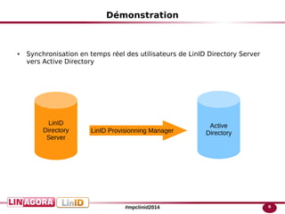 6#mpclinid2014
Démonstration
● Synchronisation en temps réel des utilisateurs de LinID Directory Server
vers Active Directory
LinID
Directory
Server
Active
DirectoryLinID Provisionning Manager
 