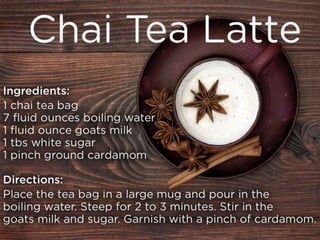 Chai Tea Latte
Ingredients:
1 chai tea bag
7 fluid ounces boiling water
1 fluid ounce goats milk
1 tbs white sugar
1 pinch ground cardamom
Directions:
Place the tea bag in a large mug and pour in the boiling water. Steep for 2 to 3 minutes. Stir in the goats milk and sugar. Garnish
with a pinch of cardamom.
 
