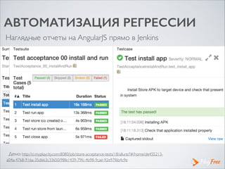 АВТОМАТИЗАЦИЯ РЕГРЕССИИ
Наглядные отчеты на AngularJS прямо в Jenkins
Демо: http://ci.myplaycity.com:8080/job/store-acceptance-tests/18/allure/?#/home/de455213-
a04a-4768-916a-35d663c33650/98fe1439-79fc-4b98-9cae-92e97f6b4c9e
 