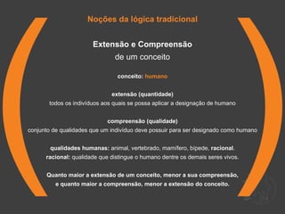 Noções da lógica tradicional


                       Extensão e Compreensão
                               de um conceito

                                conceito: humano


                              extensão (quantidade)
       todos os indivíduos aos quais se possa aplicar a designação de humano


                            compreensão (qualidade)
conjunto de qualidades que um indivíduo deve possuir para ser designado como humano


        qualidades humanas: animal, vertebrado, mamífero, bípede, racional.
      racional: qualidade que distingue o humano dentre os demais seres vivos.


      Quanto maior a extensão de um conceito, menor a sua compreensão,
          e quanto maior a compreensão, menor a extensão do conceito.
 