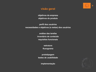 visão geral

             objetivos da empresa
             objetivos do produto


              perfil dos usuários
necessidades e objetivos (e metas) dos usuários


              análise das tarefas
            inventário de conteúdo
             requisitos funcionais


                   estrutura
                  fluxograma


                 prototipagem
             testes de usabilidade


                implementação
 