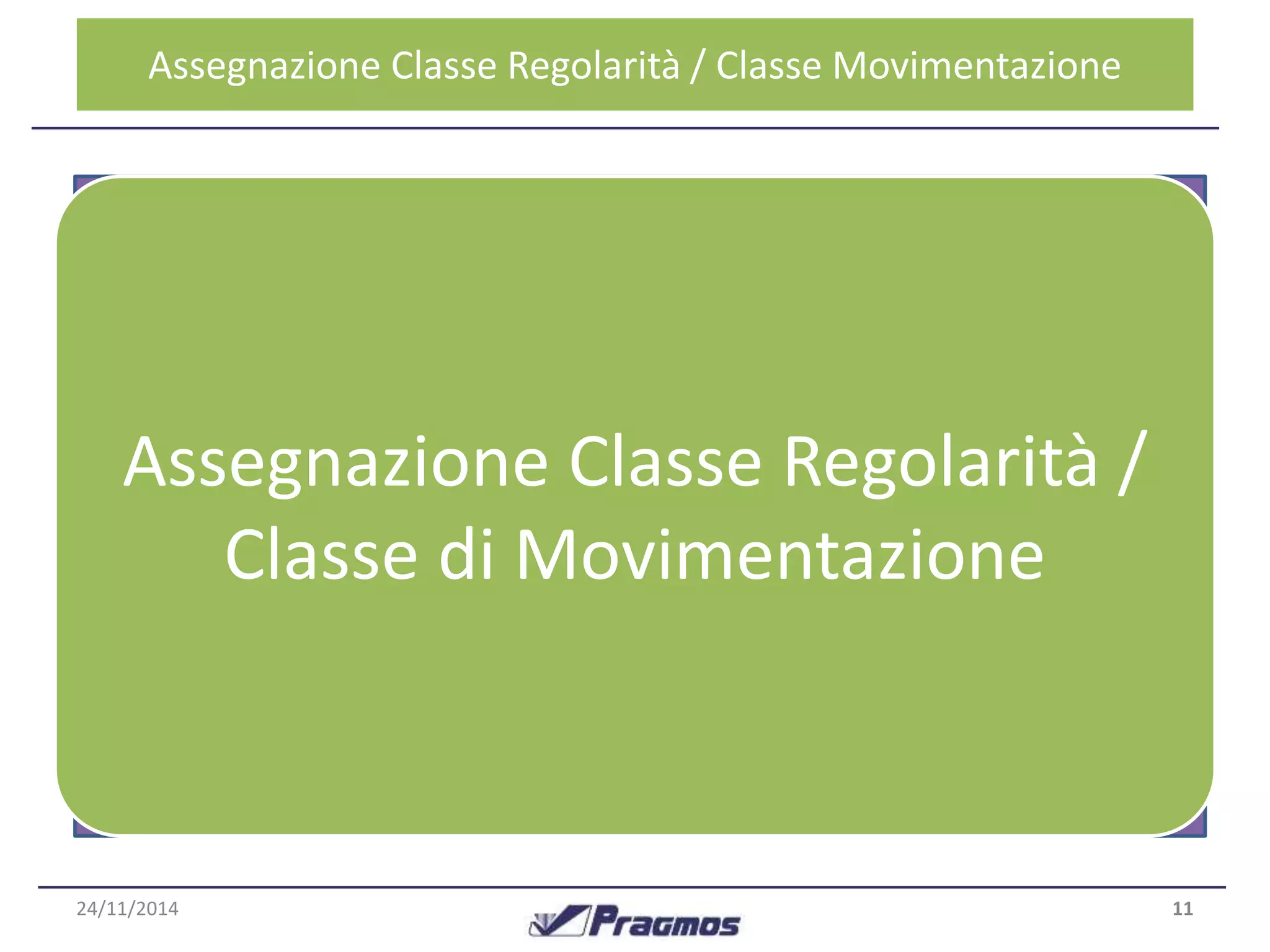 APssregoncazeionses Cola s–se RDegaolia rditàa / tClia sasel Mroivsimuelnttaaztioone 
Il software assegna automaticamente ad ogni ricalcolo una classe 
di regolarità Classe Movimentazione ed una Pz/Anno 
classe di movimentazione in base 
all’andamento Classe A della >= 300 
domanda del singolo articolo. 
Classe B >= 52 
CLASREG CLASMOV ALFA BETA KE KD 
F A 0,12 0,20 3,5 0,0 
F B 0,10 0,20 3,0 0,0 
F C 0,07 0,20 2,5 0,2 
F D 0,06 0,20 0,5 1,0 
F E 0,05 0,20 0,0 0,0 
I A 0,15 0,20 3,5 0,0 
I B 0,14 0,20 3,0 0,0 
I C 0,13 0,20 2,5 0,2 
I D 0,11 0,20 0,5 1,0 
I E 0,08 0,20 0,0 0,0 
N 0,35 0,20 0,0 2,0 
Essa può Classe essere C infatti >= 12 
costante od intermittente, e ciò ne 
determina la classe di regolarità. 
Assegnazione Classe D >= 1 
Classe Regolarità / 
Classe E < 1 
Classe di Movimentazione 
Inoltre, può essere contenuta in un determinato range di 
domanda mensile, Classe e questo Regolarità determina Mesi a domanda non nulla la consecutivi 
classe di 
movimentazione. 
I - Intermittente <6 
Classe di regolarità F e - Fast movimentazione Moving >= 6 
determinano parametri ed 
algoritmi con cui verrà calcolata la previsione per l’articolo 
24/11/2014 11 
 