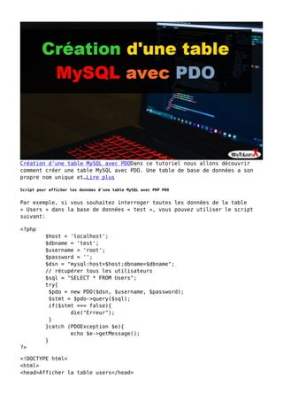 Création d’une table MySQL avec PDODans ce tutoriel nous allons découvrir
comment créer une table MySQL avec PDO. Une table de base de données a son
propre nom unique et…Lire plus
Script pour afficher les données d’une table MySQL avec PHP PDO
Par exemple, si vous souhaitez interroger toutes les données de la table
« Users » dans la base de données « test », vous pouvez utiliser le script
suivant:
<?php
$host = 'localhost';
$dbname = 'test';
$username = 'root';
$password = '';
$dsn = "mysql:host=$host;dbname=$dbname";
// récupérer tous les utilisateurs
$sql = "SELECT * FROM Users";
try{
$pdo = new PDO($dsn, $username, $password);
$stmt = $pdo->query($sql);
if($stmt === false){
die("Erreur");
}
}catch (PDOException $e){
echo $e->getMessage();
}
?>
<!DOCTYPE html>
<html>
<head>Afficher la table users</head>
 