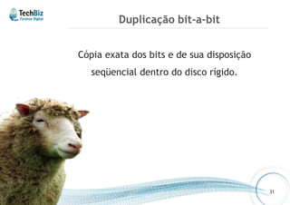 Duplicação bit-a-bit 
Cópia exata dos bits e de sua disposição 
seqüencial dentro do disco rígido. 
31 
 