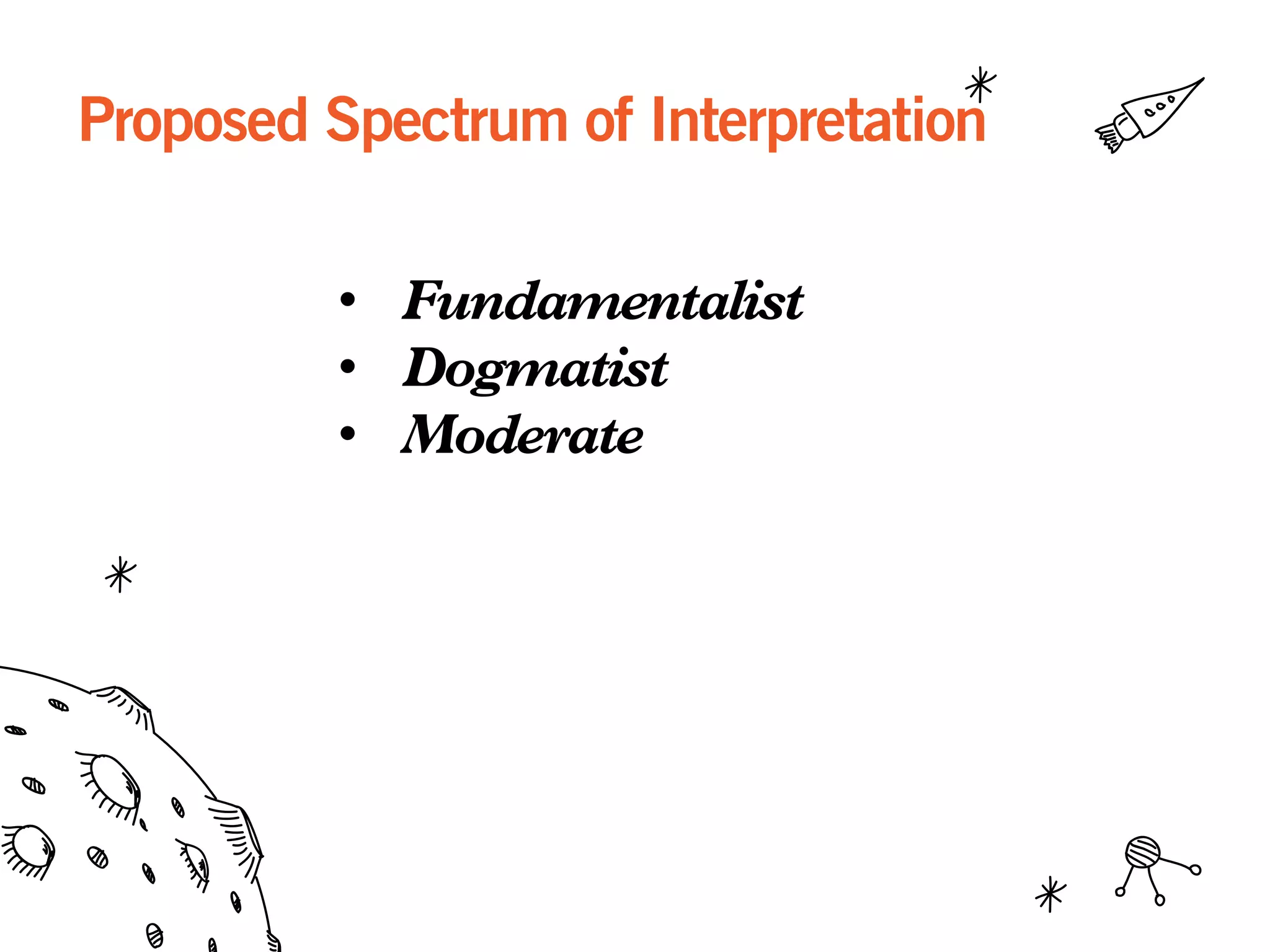 Proposed Spectrum of Interpretation
•  Fundamentalist
•  Dogmatist
•  Moderate
 