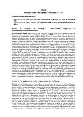 ANEXO I
DESCRIÇÃO DAS ATRIBUIÇÕES BÁSICAS DOS CARGOS
Diplomas normativos de referência:
Cargos de Ensino Superior Completo: Lei Complementar Estadual nº 397, de 1º de outubro de
2009
Cargos de Ensino Médio Completo: Lei Complementar Estadual nº 312, de 04 de novembro de
2005.
Analista de Tecnologia da Informação – Especialidade: Engenharia de
Software/Desenvolvimento de Sistemas
Síntese das atividades: diagnosticar, propor, especificar, analisar, desenvolver e implantar sistemas,
de acordo com as normas e as metodologias adotadas pelo MP-RN e adequadas às características e
necessidades institucionais; prestar assessoramento técnico na produção de soluções relativas às
arquiteturas, plataformas, recursos e alternativas de desenvolvimento de sistemas, na aquisição de
sistemas desenvolvidos por terceiros, bem como acompanhar e avaliar sua implantação; elaborar e
gerenciar projetos de sistemas e software requeridos pelo MP-RN; certificar e inspecionar modelos e
códigos de sistemas; elaborar documentação relativa às etapas de desenvolvimento de sistemas;
planejar e administrar componentes reusáveis e repositórios; elicitar requisitos e criar modelos de uso
e de testes de sistemas de acordo com as necessidades do MP-RN; elaborar projeto lógico e físico
de dados e de sistemas requeridos pelo MP-RN; especificar unidades de implementação de software;
selecionar, implementar e internalizar novas tecnologias de desenvolvimento; especificar, gerenciar e
efetuar alterações e manutenções dos sistemas, bem como as adequações necessárias ao seu bom
funcionamento; acompanhar e avaliar o desempenho dos sistemas implantados, além de definir
medidas corretivas quando necessário; homologar o sistema junto aos seus usuários; criar,
documentar e manter esquemas, definições e visões das aplicações no Sistema Gerenciador de
Banco de Dados; elaborar e manter os modelos de dados nos Sistemas Gerenciadores de Banco de
Dados; elaborar pareceres, informes técnicos e relatórios, realizando pesquisas, entrevistas, fazendo
observações e sugerindo medidas para implantação, desenvolvimento e aperfeiçoamento de
atividades em sua área de atuação; planejar, elaborar e ministrar treinamentos relativos a sistemas
de informação, ferramentas de acesso e manipulação de dados utilizados pelo MP-RN; participar de
grupos de trabalho e/ou reuniões com unidades do MP-RN e outras entidades públicas e particulares,
realizando estudos, emitindo pareceres ou fazendo exposições sobre situações e/ou problemas
identificados, opinando, oferecendo sugestões, revisando e discutindo trabalhos técnico-científicos,
para fins de formulação de diretrizes, planos e programas de trabalho afetos ao MP-RN; executar as
suas atividades de forma integrada e cooperativa com as demais unidades do MP-RN, colaborando
para o desenvolvimento dos grupos de trabalho; acompanhar e manter organizada a legislação da
sua área de trabalho; desempenhar outras atividades correlatas ou outras atribuições que possam vir
a surgir, de mesma natureza, nível e complexidade, conforme as necessidades da área do MP-RN.
Analista de Tecnologia da Informação – Especialidade: Suporte Técnico
Síntese das atividades: avaliar e especificar as necessidades de hardware, software básico e
ferramentas de apoio do MP-RN; efetuar diagnósticos de sistemas em funcionamento, analisando
pontos críticos e propondo soluções; efetuar levantamentos para verificar necessidades e restrições
quanto à implantação de novos sistemas no MP-RN; elaborar projeto de sistemas, definindo módulos,
fluxogramas, entradas e saídas, arquivos, especificação de programas e controles de segurança
relativos a cada sistema; acompanhar a elaboração e os testes dos programas necessários à
implantação de sistemas; participar da análise e definição de novas aplicações para os
equipamentos, verificando a viabilidade econômica e exequibilidade da automação; planejar e
administrar os sistemas operacionais implantados nos ambiente Windows e GNU/Linux, além de
desenvolver a utilização dos sistemas corporativos e de uso geral; executar, periodicamente, a
análise de desempenho dos “softwares” e “hardwares” instalados; participar de projetos corporativos
em sua área de atuação; assistir os usuários finais na utilização de sistemas corporativos,
monitorando seu uso e identificando necessidades de manutenção corretiva ou evolutiva; apoiar os
usuários no estudo e seleção de pacotes específicos e especializados; participar da manutenção dos
sistemas utilizados no MP-RN; definir configuração e estrutura de ambientes operacionais, bem como
os procedimentos de instalação, customização e manutenção de software básico e ferramentas de
 