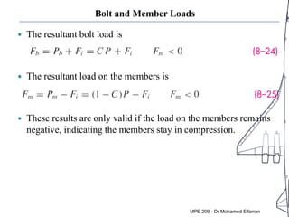 Bolt and Member Loads
 The resultant bolt load is
 The resultant load on the members is
 These results are only valid if the load on the members remains
negative, indicating the members stay in compression.
MPE 209 - Dr Mohamed Elfarran
 
