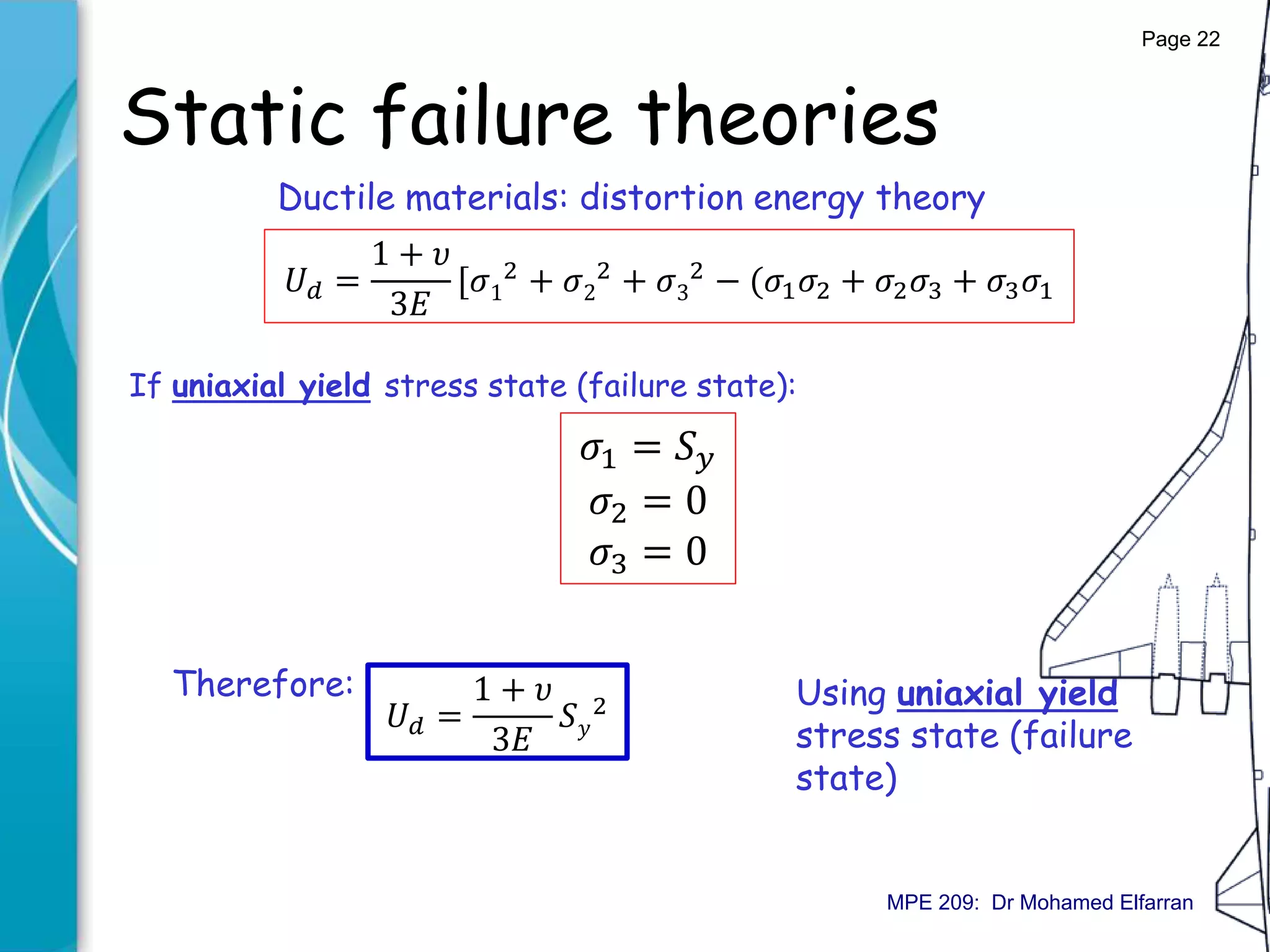 Static failure theories
Ductile materials: distortion energy theory
𝑈 𝑑 =
1 + 𝜐
3𝐸
[𝜎1
2 + 𝜎2
2 + 𝜎3
2 − (𝜎1 𝜎2 + 𝜎2 𝜎3 + 𝜎3 𝜎1
If uniaxial yield stress state (failure state):
𝜎1 = 𝑆 𝑦
𝜎2 = 0
𝜎3 = 0
Therefore:
𝑈 𝑑 =
1 + 𝜐
3𝐸
𝑆 𝑦
2 Using uniaxial yield
stress state (failure
state)
Page 22
MPE 209: Dr Mohamed Elfarran
 