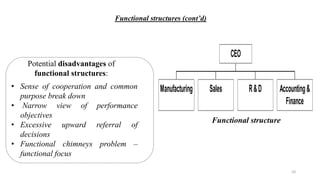 Functional structures (cont’d)
Manufacturing Sales R&D Accounting&
Finance
CEO
Functional structure
• Sense of cooperation and common
purpose break down
• Narrow view of performance
objectives
• Excessive upward referral of
decisions
• Functional chimneys problem –
functional focus
Potential disadvantages of
functional structures:
10
 