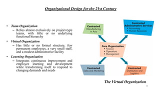 Organizational Design for the 21st Century
• Team Organization
– Relies almost exclusively on project-type
teams, with little or no underlying
functional hierarchy
• Virtual Organization
– Has little or no formal structure, few
permanent employees, a very small staff,
and a modest administrative facility
• Learning Organization
– Integrates continuous improvement and
employee learning and development
while transforming itself to respond to
changing demands and needs
The Virtual Organization
18
 