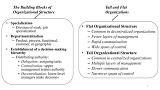 The Building Blocks of
Organizational Structure
• Specialization
– Division of work: job
specialization
• Departmentalization
– Product, process, functional,
customer, or geographic
• Establishment of a decision-making
hierarchy
– Distributing authority:
• Delegation: assigning tasks
• Centralization: upper
management retains authority
• Decentralization: lower-level
managers make decisions
Tall and Flat
Organizations
• Flat Organizational Structure
– Common in decentralized organizations
– Fewer layers of management
– Rapid communication
– Wide spans of control
• Tall Organizational Structure
– Common in centralized organizations
– Multiple layers of management
– Slower communication
– Narrower spans of control
4
 