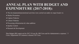 ANNUAL PLAN WITH BUDGET AND
EXPENDITURE (2017-2018):
♦ The developmental/promotional activities were carried out under six major heads viz.
♦ Market Promotion
♦ Capture Fisheries
♦ Culture Fisheries
♦ Processing infrastructure & value addition
♦ Quality Control
♦ Research & Development
Plan Budget (RE) approved for 2017-18 was Rs 100 Crore and for Administrative expenses ` 5
Crore. Department of Commerce released 105 Crore.
 