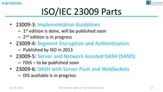 MPD	Schema	Overview
Audio/Video	
parameters
Container,	codec,	
information
Bandwidth
Quality	information
Descriptors
URL	construction
Playlist-based
Template-based
July	14,	2017 Dr.	Timmerer	[AAU/Bitmovin] 17
 
