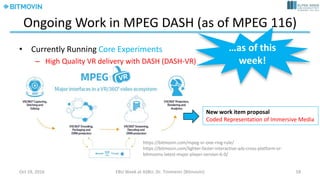 Segment Index in MPD only
Segment Index in MPD + Segment
Segment Index in Segment only
<MPD>
...
<URL sourceURL="seg1.m4s"/>
<URL sourceURL="seg2.m4s"/>
</MPD>
seg1.m4s
seg2.m4s
...
<MPD>
...
<URL sourceURL="seg.m4s" range="0-499"/>
<URL sourceURL="seg.m4s" range="500-999"/>
</MPD>
seg.m4s
<MPD>
...
<Index sourceURL="sidx.mp4"/>
<URL sourceURL="seg.m4s"/>
</MPD> seg.m4s
sidx.
m4s
<MPD>
...
<BaseURL>seg.m4s</BaseURL>
</MPD>
seg.m4ssidx
July	14,	2017 Dr.	Timmerer	[AAU/Bitmovin] 18
 