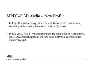ARL
audio research labs
MPEG-H 3D Audio – New Profile
• In July 2019, industry requested a new profile dedicated to broadc...