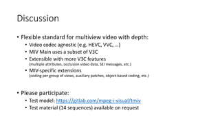 Discussion
• Flexible standard for multiview video with depth:
• Video codec agnostic (e.g. HEVC, VVC, …)
• MIV Main uses ...