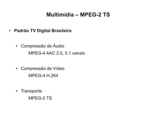 Multimídia – MPEG-2 TS

●   Padrão TV Digital Brasileira


    ●   Compressão de Áudio
           MPEG-4 AAC 2.0, 5.1 canais


    ●   Compressão de Vídeo
           MPEG-4 H.264


    ●   Transporte
           MPEG-2 TS
 