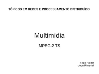 TÓPICOS EM REDES E PROCESSAMENTO DISTRIBUÍDO




             Multimídia
                MPEG-2 TS



                                      Filipe Haider
                                     Jean Pimentel
 