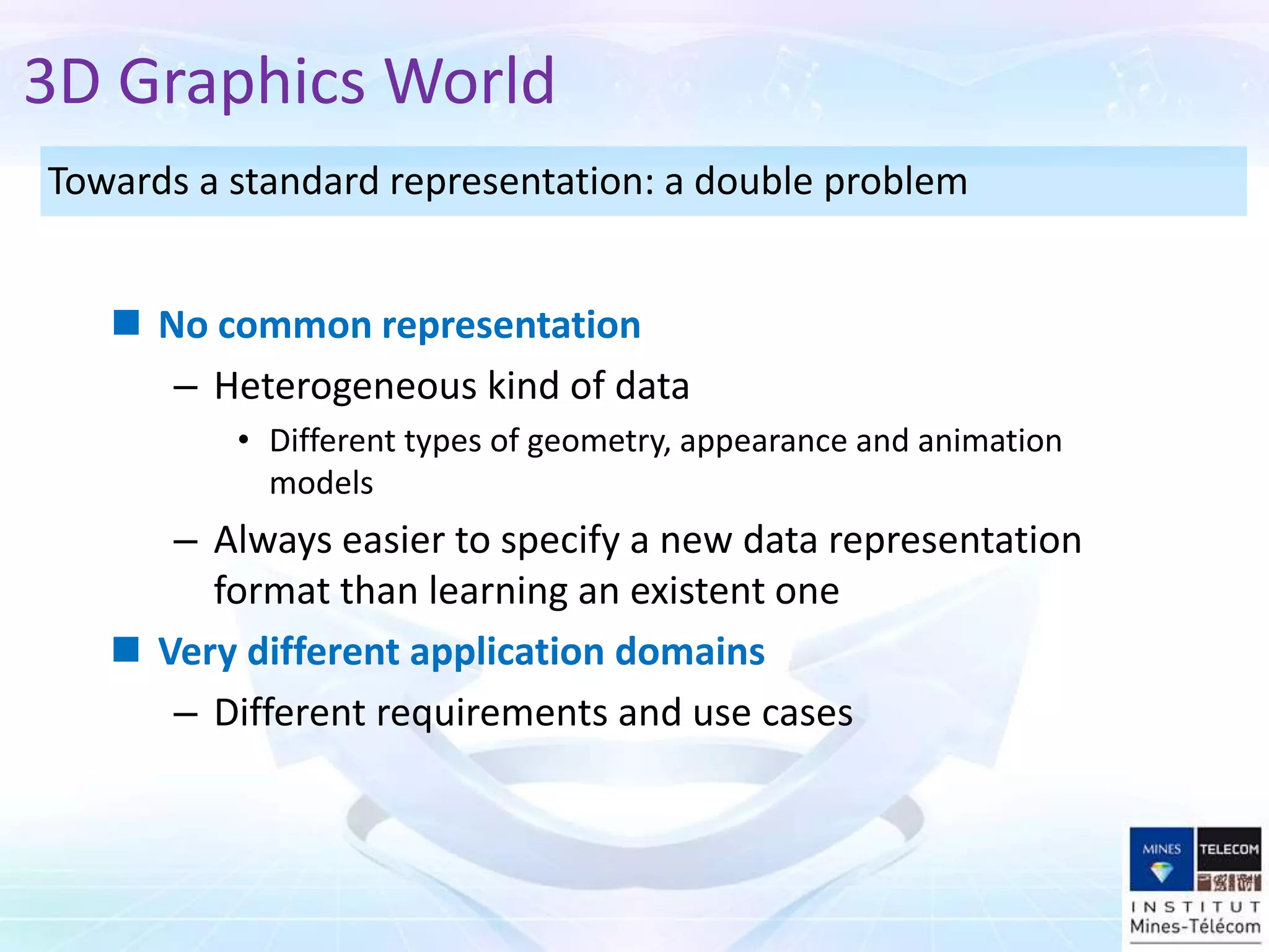 3D Graphics World
 No common representation
– Heterogeneous kind of data
• Different types of geometry, appearance and animation
models
– Always easier to specify a new data representation
format than learning an existent one
 Very different application domains
– Different requirements and use cases
Towards a standard representation: a double problem
 