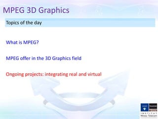 Topics of the day
Ongoing projects: integrating real and virtual
MPEG offer in the 3D Graphics field
What is MPEG?
MPEG 3D Graphics
 