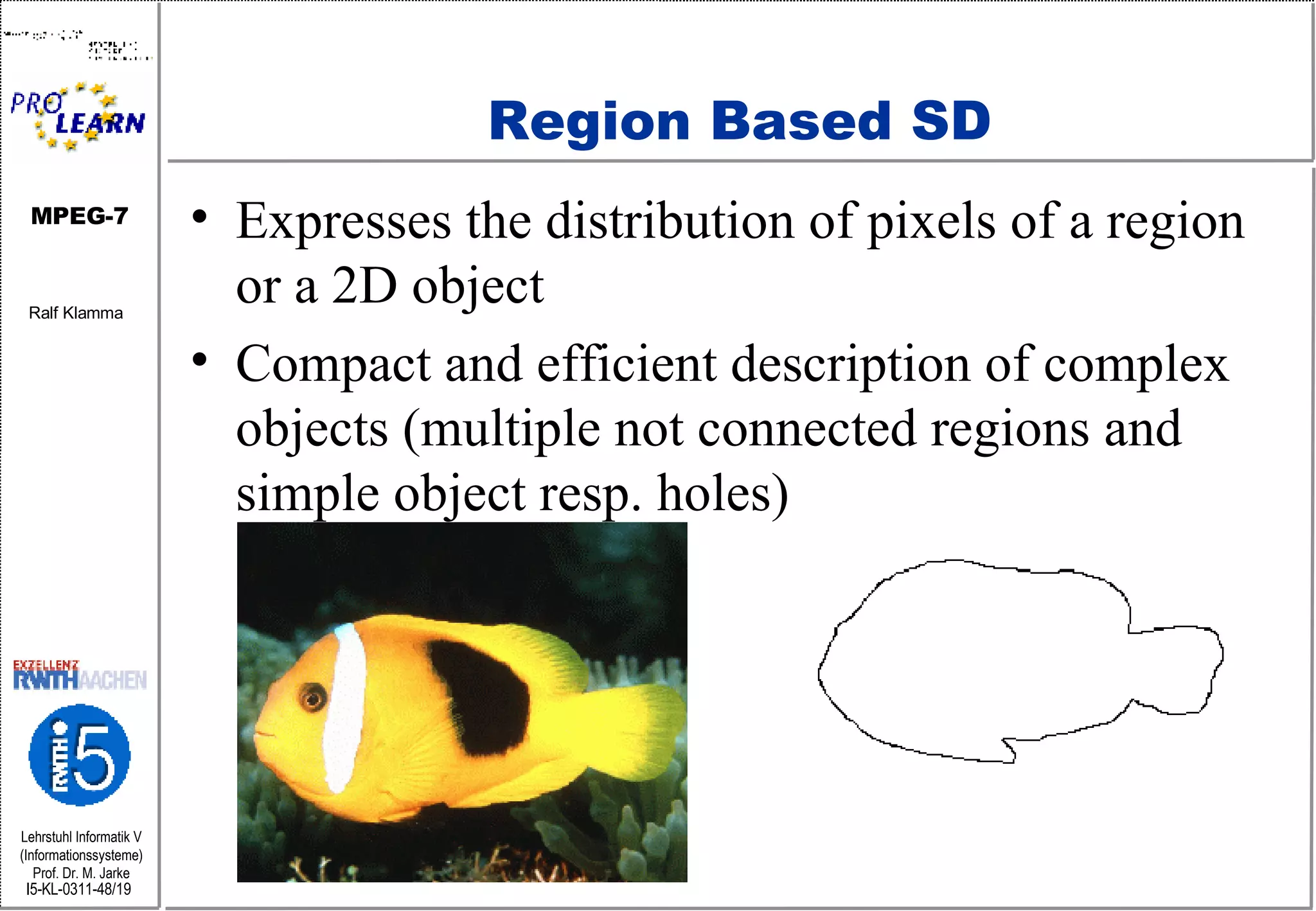 Region Based SD Expresses the distribution of pixels of a region or a 2D object Compact and efficient description of complex objects (multiple not connected regions and simple object resp. holes) 