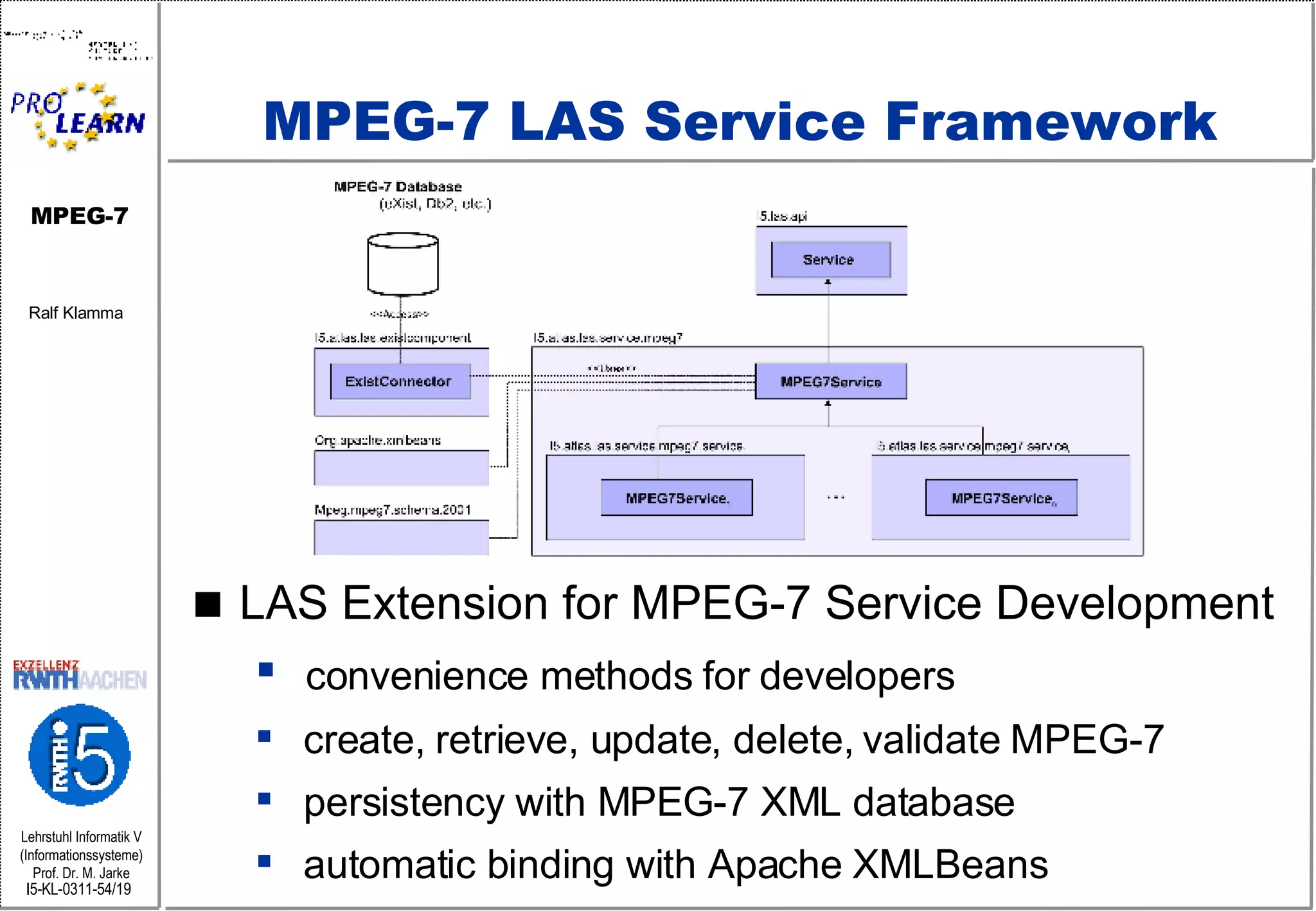 MPEG-7 LAS Service Framework LAS Extension for MPEG-7 Service Development  convenience methods for developers create, retrieve, update, delete, validate MPEG-7 persistency with MPEG-7 XML database automatic binding with Apache XMLBeans  
