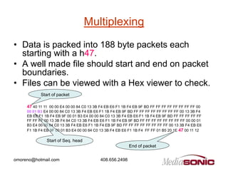 Multiplexing
• Data is packed into 188 byte packets each
  starting with a h47.
• A well made file should start and end on packet
  boundaries.
• Files can be viewed with a Hex viewer to check.
            Start of packet

     47 40 11 11 00 00 E4 00 00 84 C0 13 3B F4 EB E6 F1 1B F4 EB 9F BD FF FF FF FF FF FF FF FF 00
     00 01 B3 E4 00 00 84 C0 13 3B F4 EB E6 F1 1B F4 EB 9F BD FF FF FF FF FF FF FF FF 00 13 3B F4
     EB E6 F1 1B F4 EB 9F 00 01 B3 E4 00 00 84 C0 13 3B F4 EB E6 F1 1B F4 EB 9F BD FF FF FF FF FF
     FF FF FF 00 13 3B F4 84 C0 13 3B F4 EB E6 F1 1B F4 EB 9F BD FF FF FF FF FF FF FF FF 00 00 01
     B3 E4 00 00 84 C0 13 3B F4 EB E6 F1 1B F4 EB 9F BD FF FF FF FF FF FF FF FF 00 13 3B F4 EB E6
     F1 1B F4 EB 9F 00 01 B3 E4 00 00 84 C0 13 3B F4 EB E6 F1 1B F4 FF FF 01 B5 20 1E 47 00 11 12

               Start of Seq. head
                                                           End of packet


omoreno@hotmail.com                         408.656.2498
 