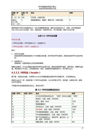 MP3的播放时间的计算公
式及XING和VBRI头介绍
位置（字
节）

长度（字
节）

含义

示例

8，12，16

100

TOC表，大端[可选]

8或12,
16, 108,
112 ，116

4

音频质量指示，最差0，最好100，大端[可选]

0

虽然知道了XING头的具体含义，可以去根据具体的值，解析出对应的含义了，但是，由于其是放在
side information之后的，所以，要先定位，找到XING头，关于其位置，用如下公式计算：

公式 4.3. XING头位置
XING头位置
= MPEG头位置 + MPEG帧头大小 + 边信息大小
= MPEG头位置 + 4字节 + 边信息大小
其中：
1. MPEG头位置：
即通过程序去找到连续的11个bit都是1的位置，即可同步MPEG的帧，找到对应的MPEG头的开始
处。
2. 边信息大小：
详细信息，后面用到此公式时会具体解释。
根据头的格式，Xing头里面必须包含ID和flag这两个段。其他字段都是可选的，是否包含，要看flag的
值。有时候这个Xing头，CBR里面也有，此时，前面的ID的值就是Info，而不是Xing了。

4.2.3.2. VBRI头（header）
据了解，目前此头信息，只有用Fraunhofer的编码器生成的MPEG音频文件，才会用到此头。
其和Xing头不一样，其放在第一个MPEG头的后面，大小正好是32字节。其位置，长度和示例，都是
以字节为单位。
下表是VBRi头的具体格式及含义，单位为字节：

表 4.2. VBRI头的格式及含义
位置（字节）

长度（字节）

含义

示例

0

4

4个ASCII字符的VBR头ID：“VBRI”无NULL结尾 “VBRI”

4

2

版本ID，大端，类型：DWORD

1

6

2

延迟，类型：float

7344

8

2

音频质量指示

75

10

4

文件总大小，大端，类型：DWORD

45000

14

4

总的帧数，大端，类型：DWORD

7344

18

2

TOC表的表项数目，大端，类型：WORD

100

20

2

TOC表项的缩放因子，大端，类型：DWORD

1

22

2

单个TOC表项的大小，单位字节，最大为4，大
端，类型：DWORD

2

24

2

帧数/表项，大端，类型：WORD

845

17

 