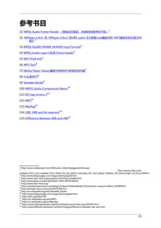 参考书目
[1] MPEG Audio Frame Header （登陆该页面后，有源码和程序供下载）

1

[2] MPlayer-1.0rc1 和 MPlayer-1.0rc2 的VBR patch【已修复mad播放VBR MP3播放总时长显示问
2
题】
[3] MPEG AUDIO FRAME HEADER (mp3 format)

3

4

[4] MPEG Audio Layer I/II/III frame header
5

[5] MP3 Profi Info
[6] MP3 Tech

6
7

[7] Media Player Classic播放VBR的MP3时的时间问题
8

[8] 什么是MP3

9

[9] Variable bitrate

[10] MPEG Audio Compression Basics

10

11

[11] ID3 tag version 2
12

[12] MP3

[13] Mp3tag

13

[14] CBR, VBR and bit reservoir

14

[15] Difference Between ABR and VBR

1
2

15

http://www.codeproject.com/KB/audio-video/mpegaudioinfo.aspx

http://www.crifan.com/
mplayer-10rc1_and_mplayer-10rc2_fixed_the_vbr_patch_mad_play_vbr_mp3_player_displays_the_total_length_of_the_problem/
3
http://www.datavoyage.com/mpgscript/mpeghdr.htm
4
http://www.mp3-tech.org/programmer/frame_header.html
5
http://www.goat.cz/index.php?path=MP3_MP3ProfiInfo
6
http://www.mp3-tech.org/
7
http://xialulee.spaces.live.com/blog/cns!4ee324c8acfa82db!230.entry?wa=wsignin1.0&sa=835890451
8
http://wenwen.soso.com/z/q140151046.htm
9
http://en.wikipedia.org/wiki/Variable_bitrate
10
http://www.datavoyage.com/mpgscript/mpeghdr.htm
11
http://id3.org/id3v2-00
12
http://en.wikipedia.org/wiki/MP3
13
http://zh.wikipedia.org/zh/Mp3tag
14
http://www.hydrogenaudio.org/forums/lofiversion/index.php/t50345.html
15
http://www.differencebetween.net/technology/difference-between-abr-and-vbr/

25

 