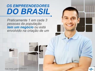 OS EMPREENDEDORES
DO BRASIL
Praticamente 1 em cada 3
pessoas da população
tem um negócio ou está
envolvido na criação de um
Fonte: Sebrae, a partir da GEM 2014
 