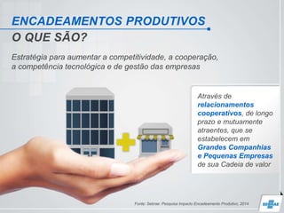 ENCADEAMENTOS PRODUTIVOS
O QUE SÃO?
Estratégia para aumentar a competitividade, a cooperação,
a competência tecnológica e de gestão das empresas
Através de
relacionamentos
cooperativos, de longo
prazo e mutuamente
atraentes, que se
estabelecem em
Grandes Companhias
e Pequenas Empresas
de sua Cadeia de valor
Fonte: Sebrae: Pesquisa Impacto Encadeamento Produtivo, 2014
 