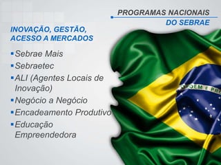 PROGRAMAS NACIONAIS
DO SEBRAE
Sebrae Mais
Sebraetec
ALI (Agentes Locais de
Inovação)
Negócio a Negócio
Encadeamento Produtivo
Educação
Empreendedora
INOVAÇÃO, GESTÃO,
ACESSO A MERCADOS
 