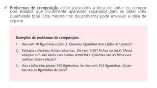  Problemas de composição estão associados à ideia de juntar ou compor
dois estados que inicialmente aparecem separados para se obter uma
quantidade total. Este mesmo tipo de problema pode envolver a ideia de
separar.
 